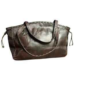 Leather Tote Shoulder Bag Large Purse Dark Brown Leather Cord Stitching Accents